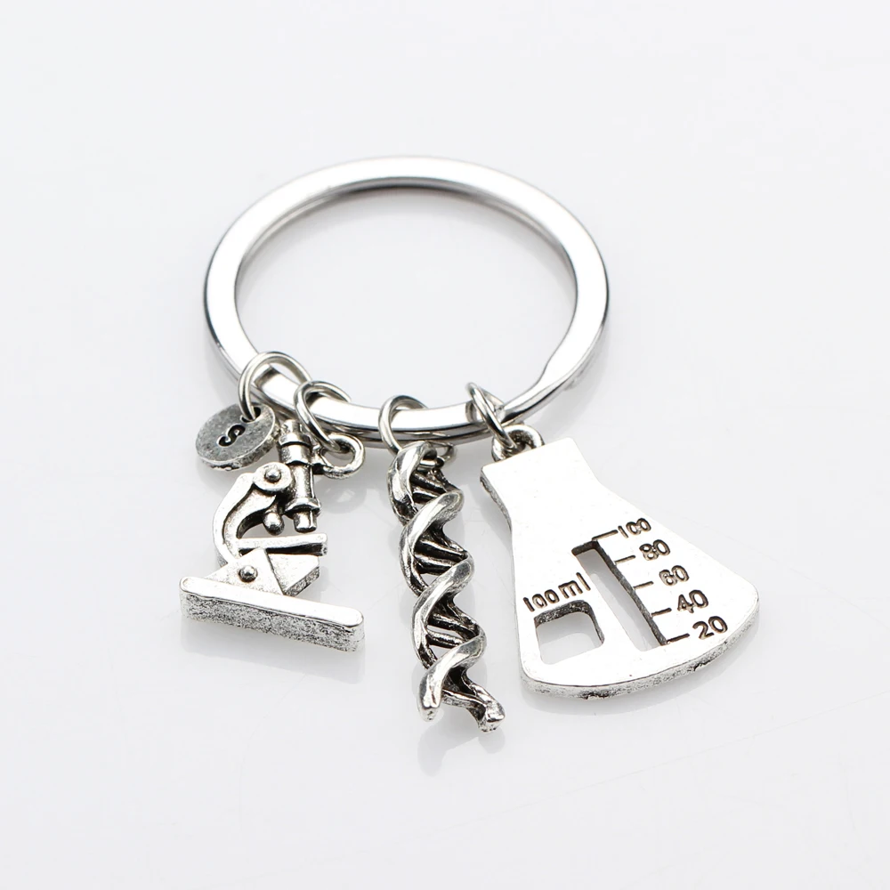 

Custom A-Z Initial Letter Keyring Microscope DNA Double Helix Beaker Biological Genetics Keychain Men Women Fashion Jwewlry Gift