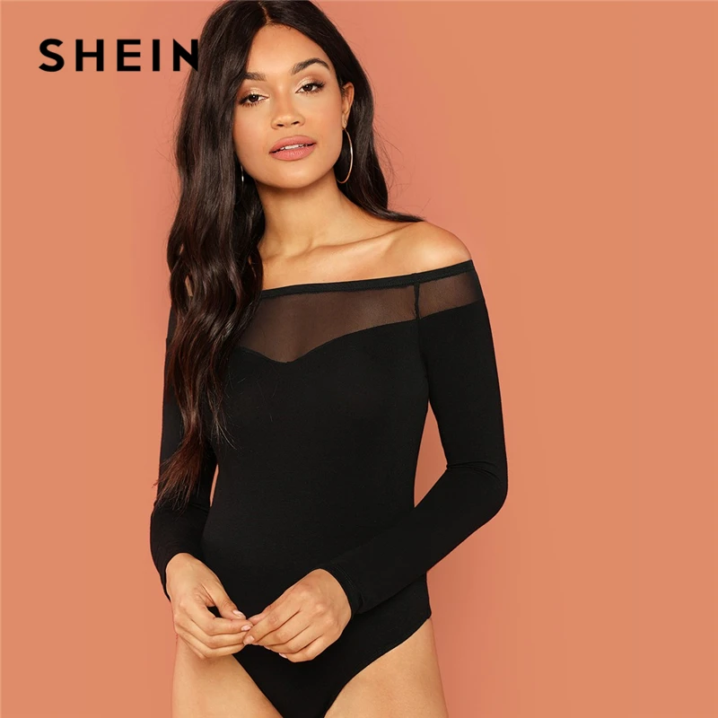 

SHEIN Black Mesh Insert Mid Waist Solid Bodysuit Solid Skinny Off the Shoulder Bodysuits Summer Fashion Women Bodysuits