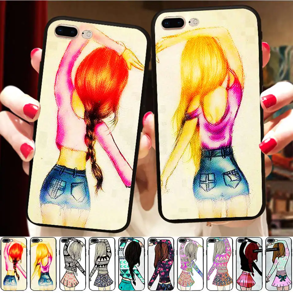 

Minason Heart Two Girls Best Friends Forever BFF Case For iPhone X 8 6 6S 7 Plus 5 5S Soft Silicone Phone Fundas Capinha