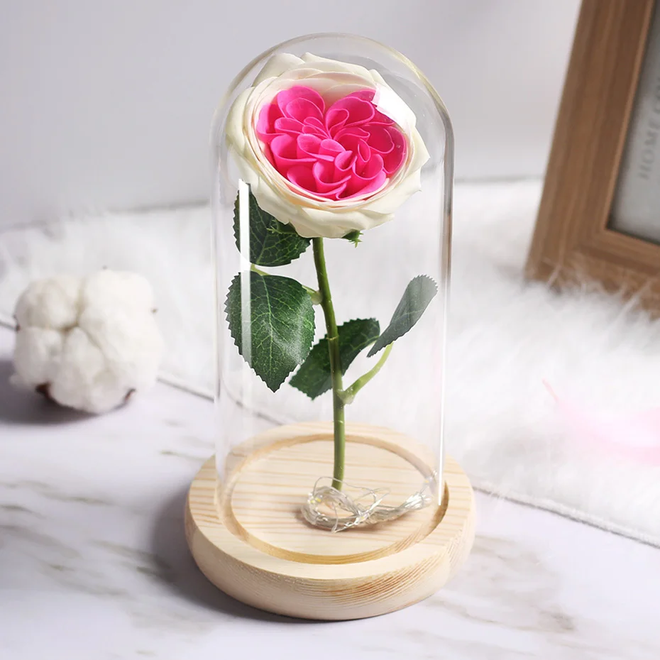 LED Soap Flower Rose Flower In Glass Dome Christmas Gifts Artificial Flower Valentine's Day Wedding Party Home Decor Fake Flower