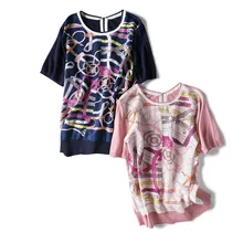 Однотонная шелковая Женская модная футболка с принтом Футболки с коротким рукавом футболки с круглым вырезом розовый 2 цвета M/L розничная смешанная Массовая