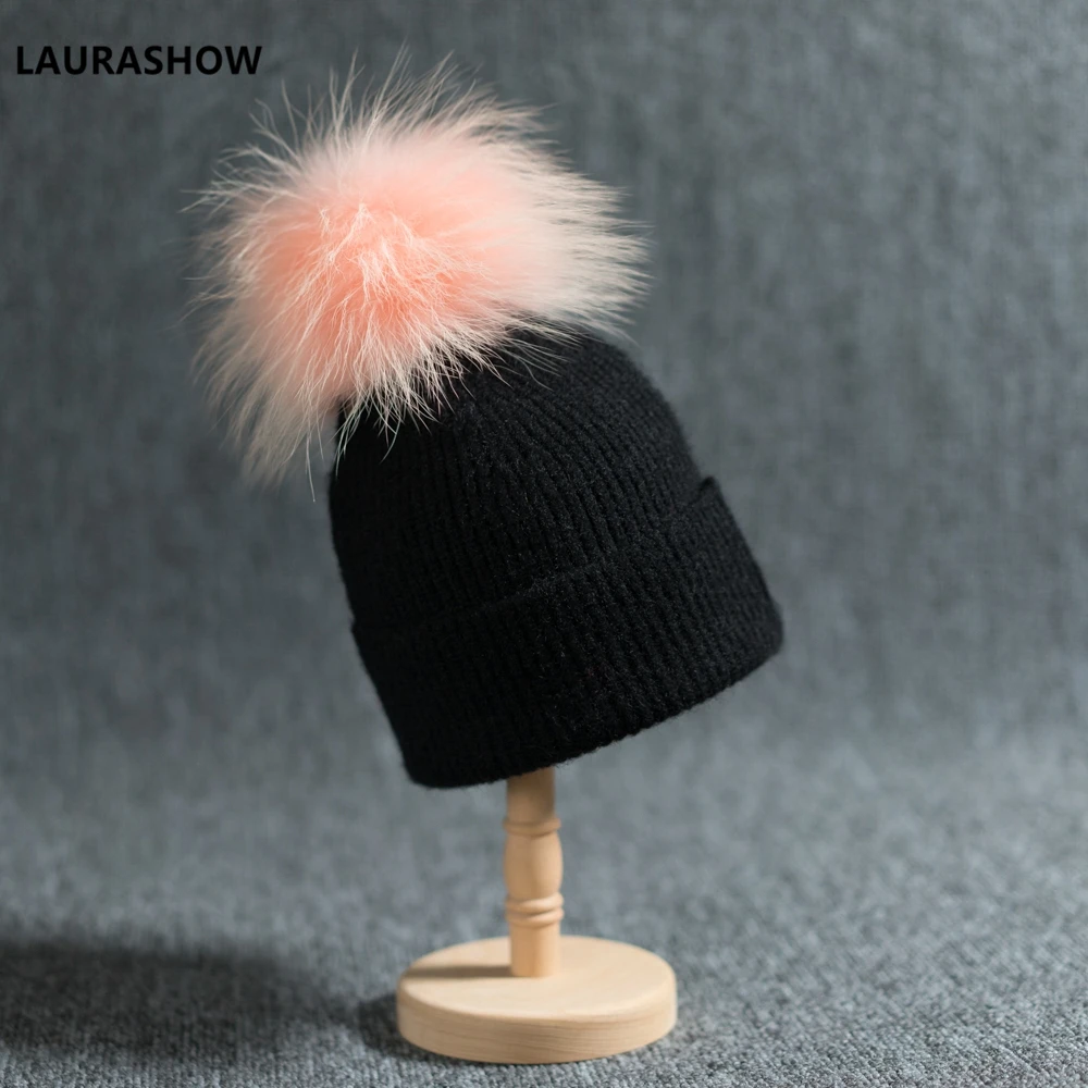 

LAURASHOW 16CM Real Mink Fur PomPoms Ball Keep Warm Winter Hat Women Girl Wool Hat Knitted Beanies Cap Female Cap