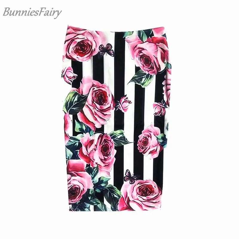 

BunniesFairy 2018 Autumn New Women Retro Rose Flower Black White Striped Floral Print High Waist Pencil Skirt Tube Saia for Work
