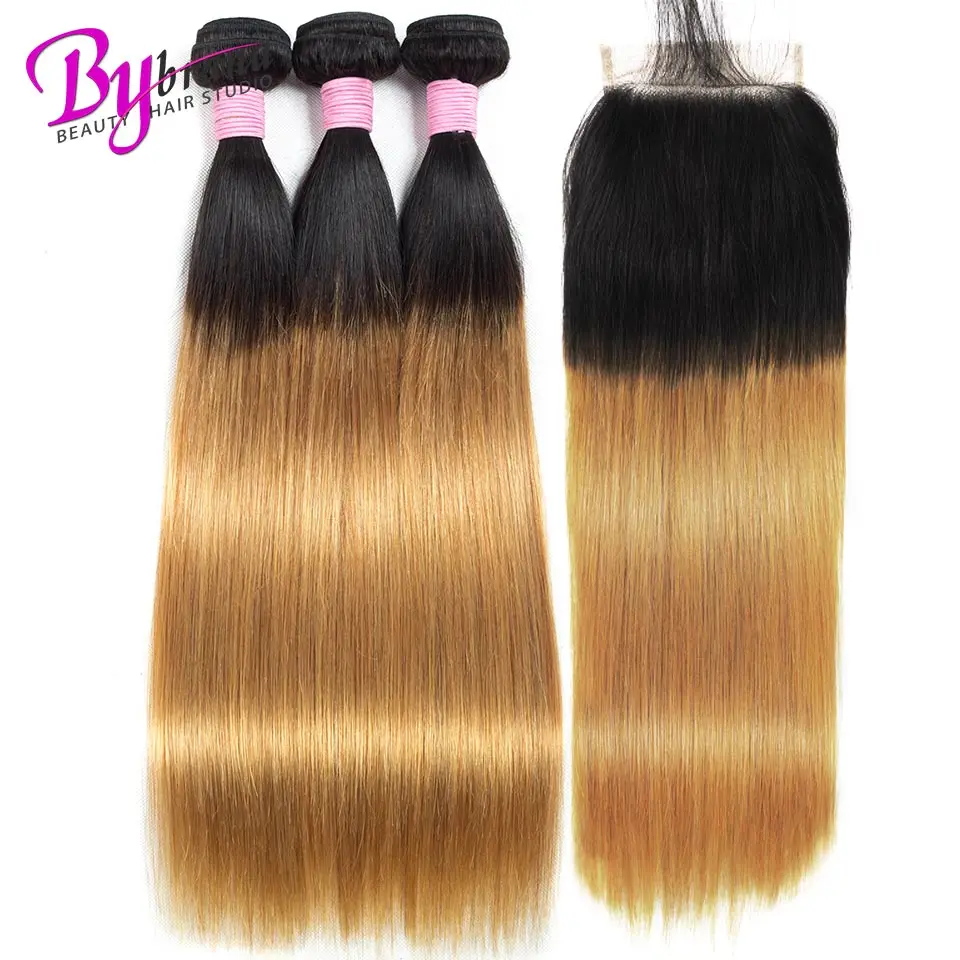 

Ombre Brazilian Straight Hair Bundles With Closure T1B/27 100% Remy Human Hair Extension 2 Tone Honey Blonde Hair Weaves
