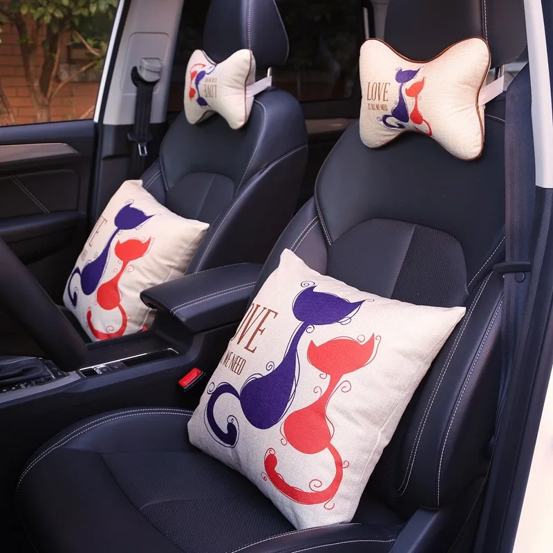 

Newest Printing Cartoon Design Back Seat Support Interior Accessories with Neck Pillow Car Seat Supports for 4 sensons 2pcs/set