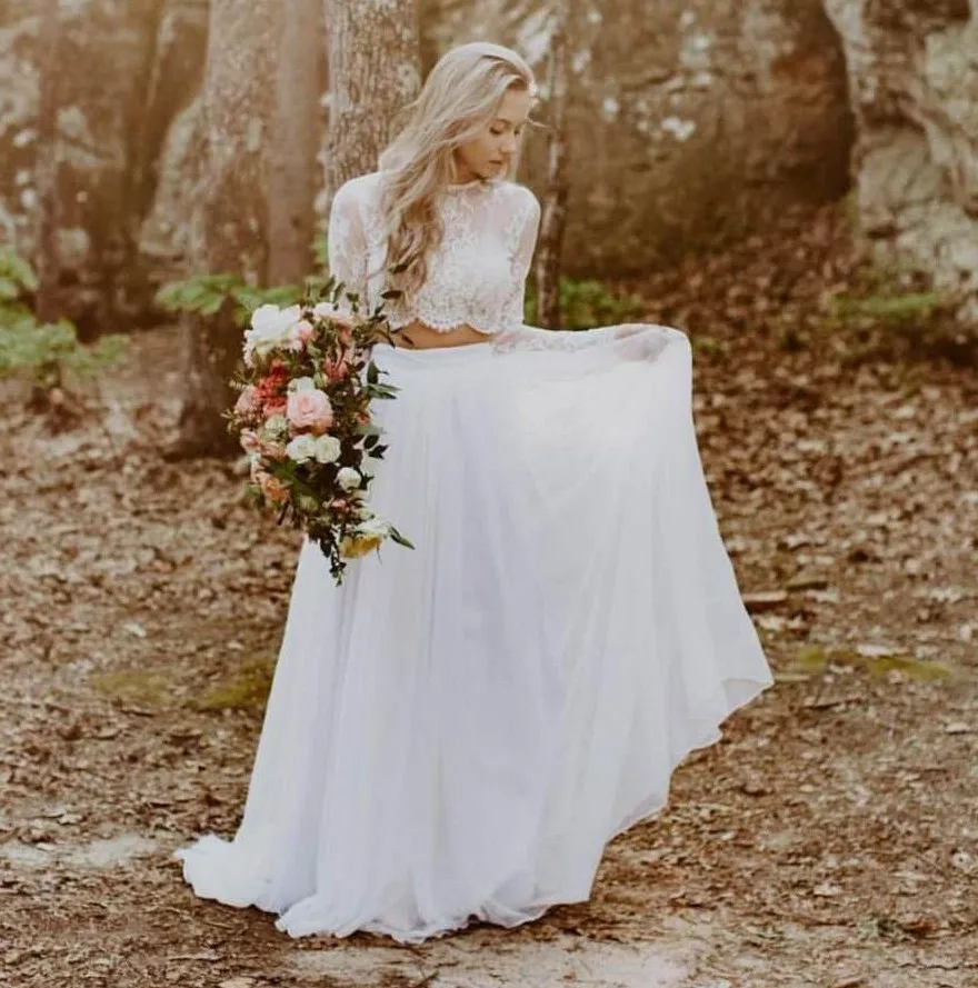 

2019 Elegant Two pieces Boho Beach Wedding Dress Lace Long Sleeve Vestido de Noiva Chiffon Sweep Train Bridal Gowns