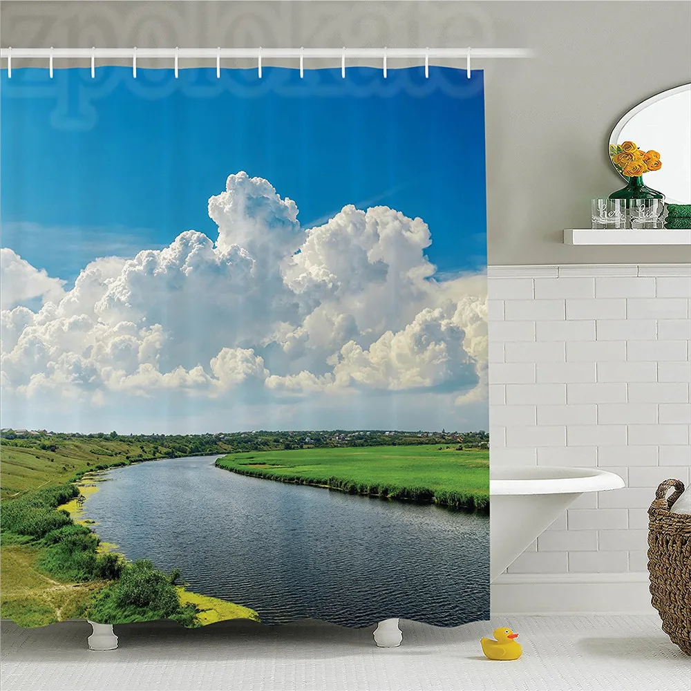 Lake House Decor Shower Curtain Set Clouds over Moving River Landscape