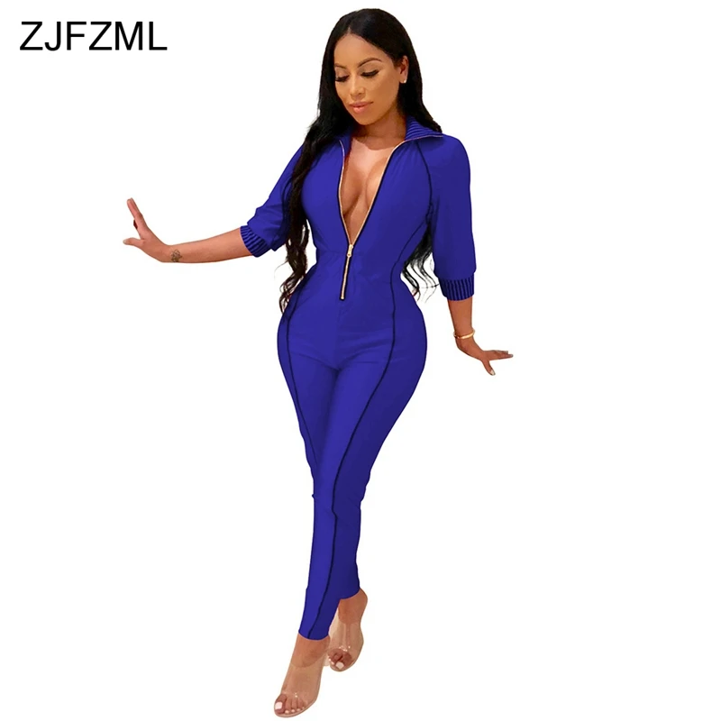 ZJFZML Plus Size Jumpsuit For Women 2018 Casual 3/4 Sleeve Turn-Down Collar Plus Size Catsuit Autumn Front Zipper Bandage Romper