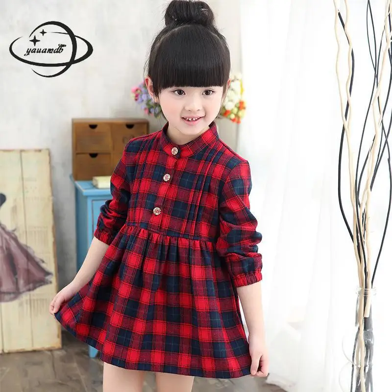 

YAUAMDB girl pleated dress 2017 autumn winter 4-12Y cotton kid knee length plaid dresses children long sleeve casual clothes y34
