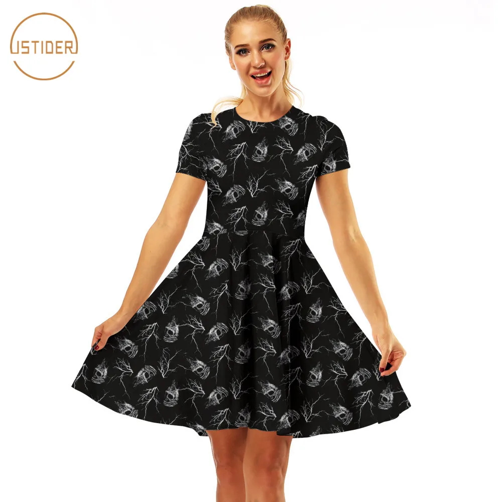 

ISTider Black Dress Full Printed Skulls Casual Dresses Women 2018 Summer Short Sleeve Sexy Mini Dress High Waist Pleated Dresses