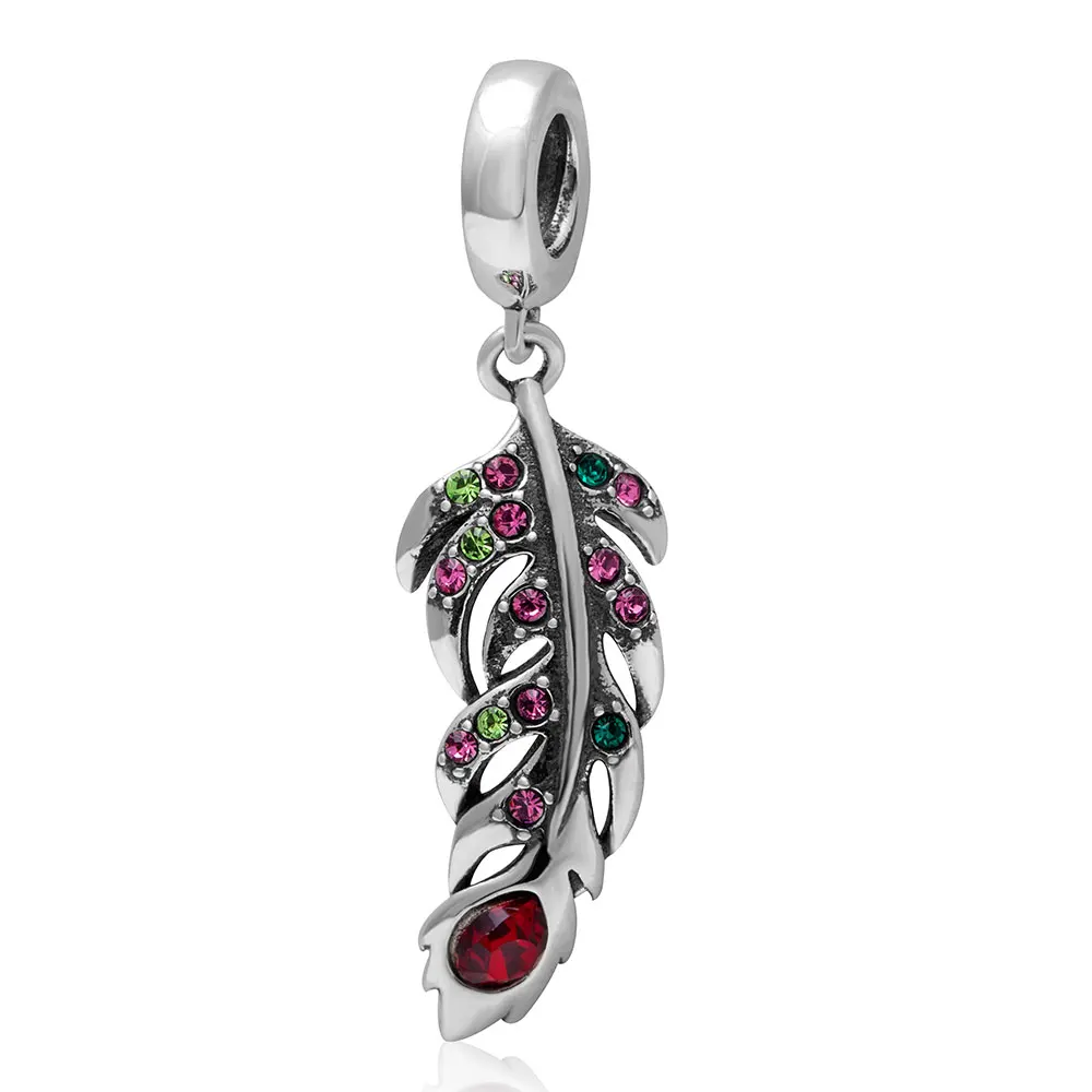 

Authentic 100% 925 Sterling Silver feather charm with CZ pandent bead fit pandora bracelets & bangles