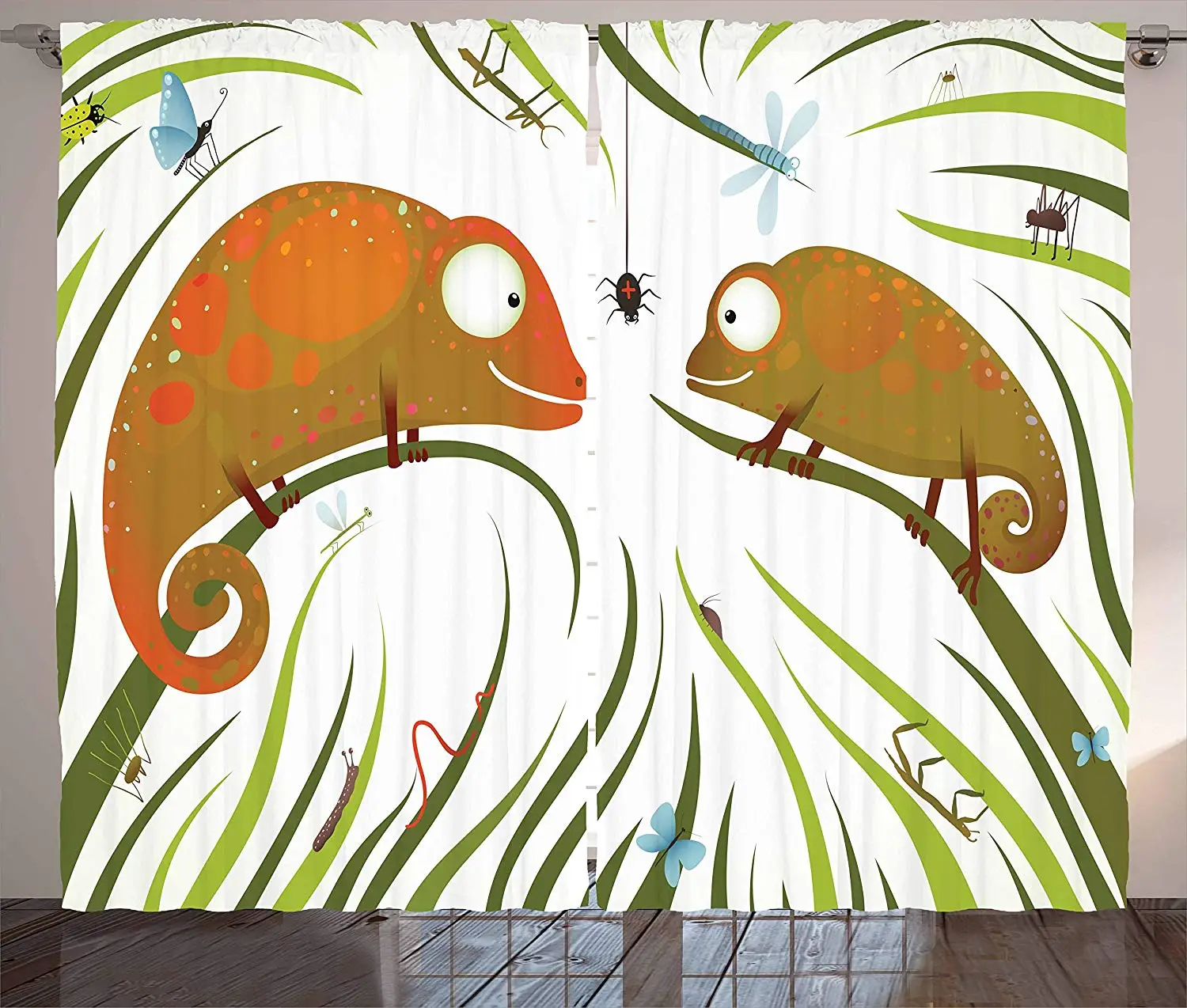 Chameleons Curtains Hungry Animals Grass Looking at Spider Insect World Illustration Worm Ladybug Living Room Window Drapes | Дом и сад