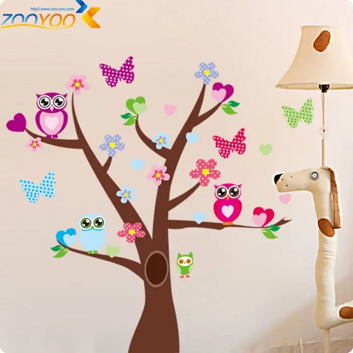 Мудрые Совы бабочки на красочном дереве, настенные наклейки для детской комнаты 1006, декоративные наклейки для детской комнаты, домашний декор, ПВХ наклейка на стену