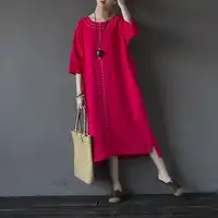 Solid White Red Embroidery Linen Women Long Dress Loose Casual Vintage Summer Dress Original Linen Vestidos Robe Femme A184