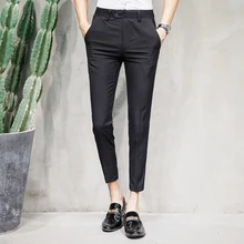 Модные Повседневное Для мужчин брюки новые летние 28-36 полосатые хлопковые облегающие брюки Черный, серый цвет личности популярные молодежи стилист