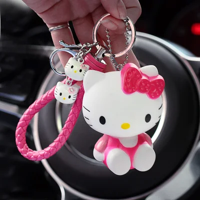 Милый мультяшный брелок hello kitty из кроличьего меха с помпонами, помпонами, брелок для женщин с кожаным ремешком, металлическое кольцо для ключей, цепочка для автомобильных сумок, брелок D35A - Цвет: 10