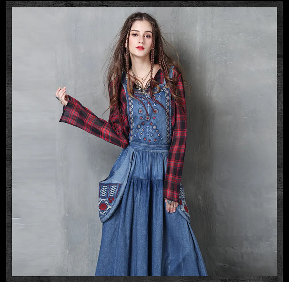 Vintage Autumn Dress Women 2017 Boho New Denim Vestidos Suspender Embroidery Patchwork Pocket Women long Dresses Vestido (8)