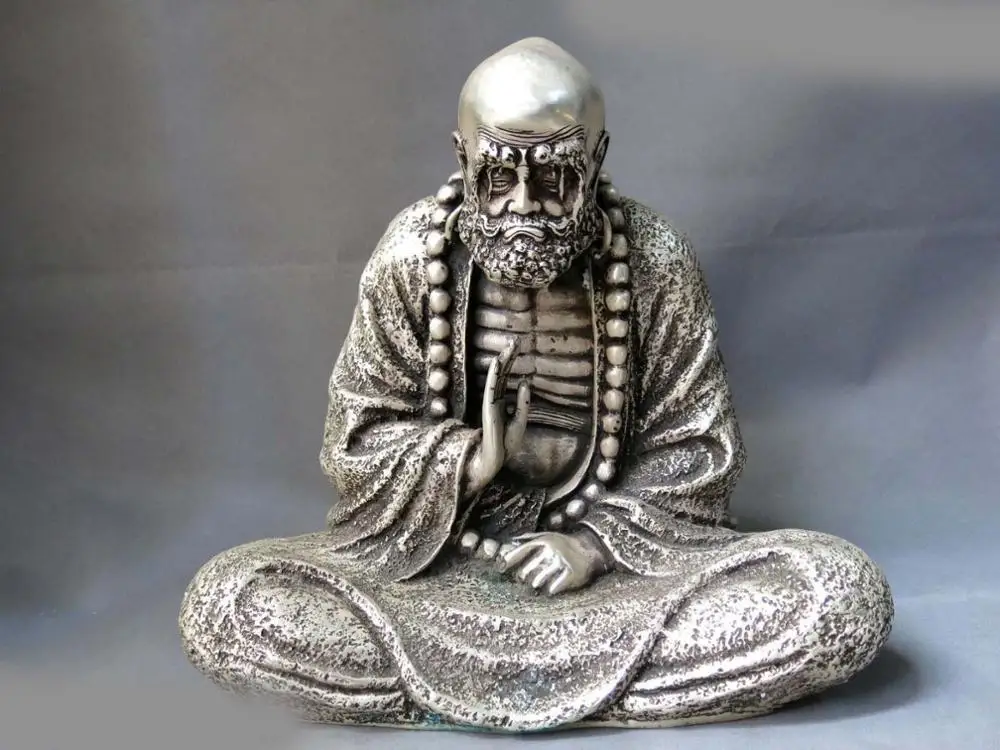 

12" China silver buddhism lucky carved Bodhidharma buddha sculpture Statue