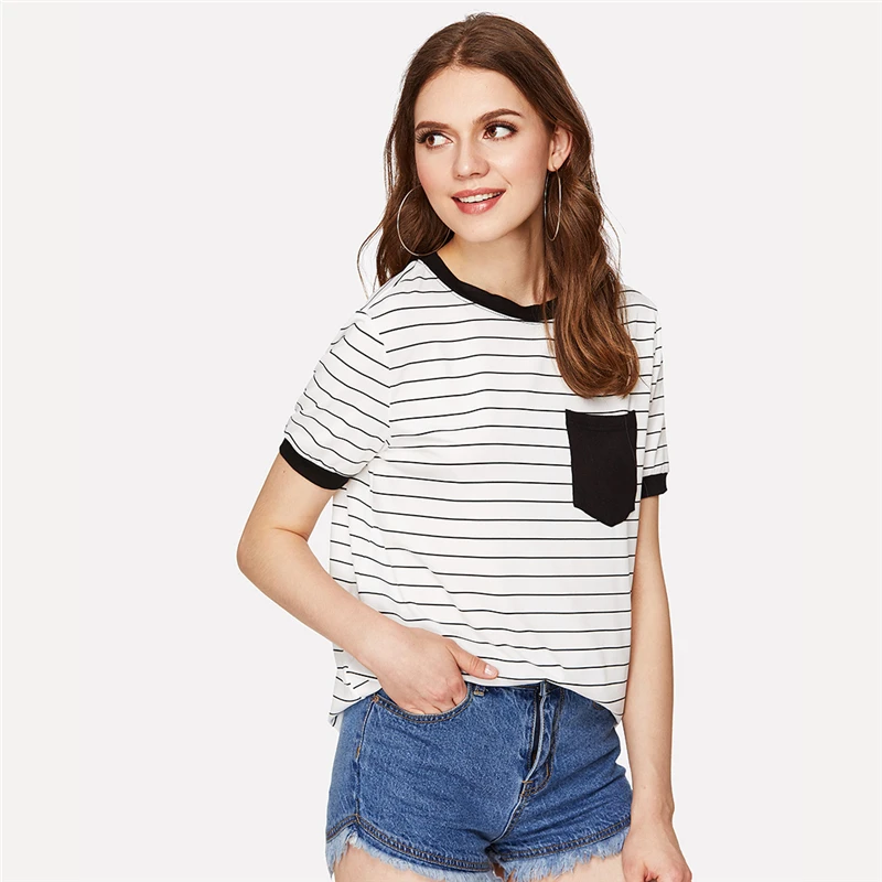 Dotfashion Black And White Patch Pocket Striped Ringer Tee Women Casual Tops Summer Short Sleeve Preppy Colorblock T-Shirt