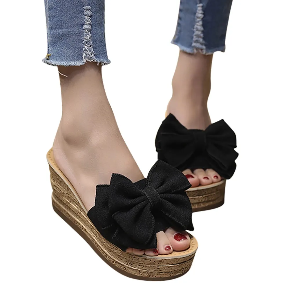 SAGACE/женские модные однотонные туфли на танкетке с бантом Босоножки с открытым носком обувь на каблуке «рюмочка» износостойкая обувь на толстой подошве 17 мая - Цвет: Black