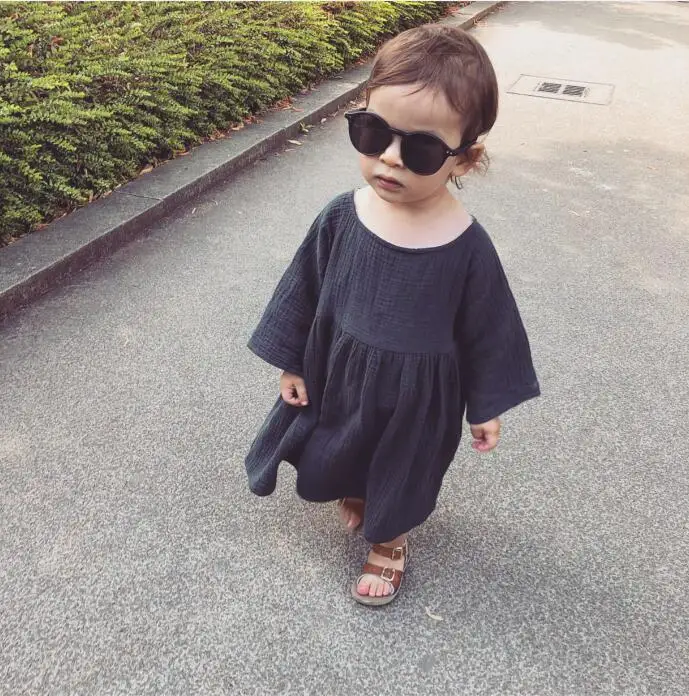 

ins Baby Girls Simple Japanese Style Gray Color Dress Cotton Linen Long Sleeves Autumn Ruffles New Fashion Toddler Kids Dresses