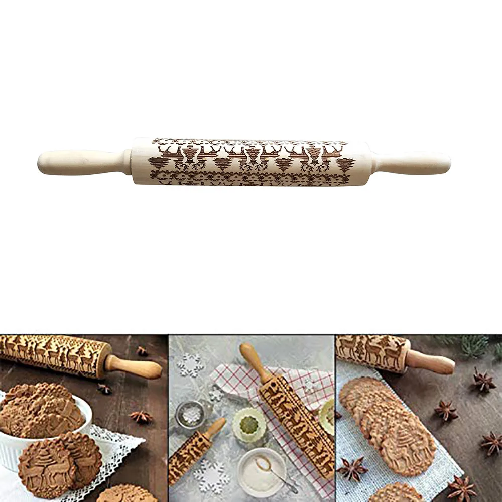 Christmas Rolling Pins Rock Snowflake Elk Wooden Rolling Pin Baking Cookies Biscuit Fondant Cake Embossing Roller#T2