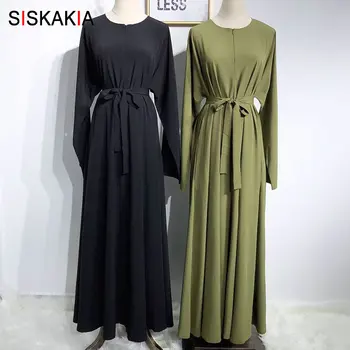 

Siskakia Stylish Solid Classic Muslim Brief Long Dress Front Zipper Breastfeeding Dress Plus Size Draped Swing Army Green 2019