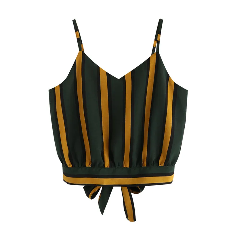 Women's Summer Casual Sexy V Neck Sleeveless stripe Stripe Seft Tie Back Crop Cami Tops Camisole Shirt Vest #4M19 (1)