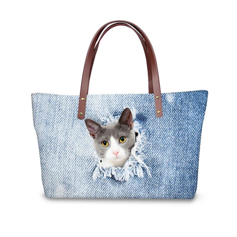 

3D Blue Denim Cat Print Luxury Handbags Women Bags Designer Big Cross-body Bag for Ladies Top-handle Bolsa Feminina