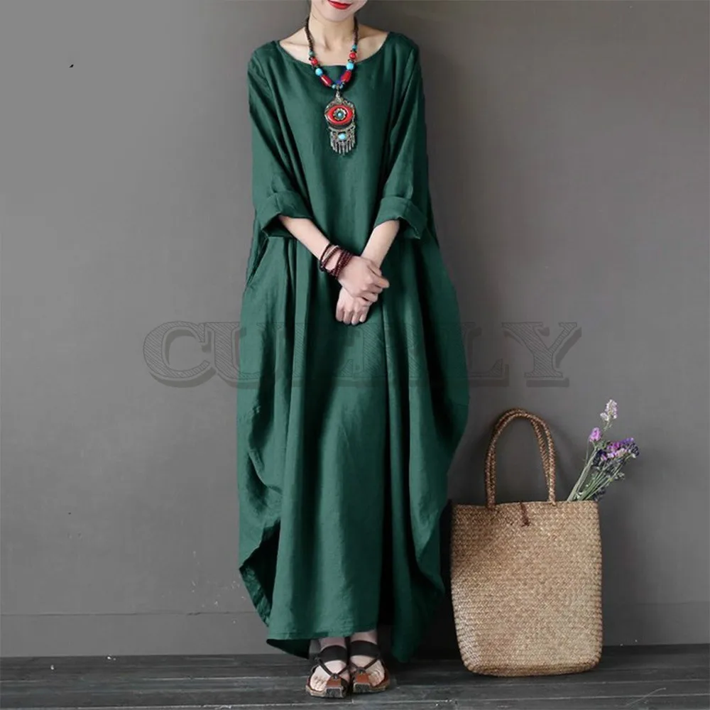Image CUERLY Womens O Neck Long Sleeve Kaftan Maxi Dress Summer Autumn Cotton Linen Gown Robe Dresses Plus Size Large Size Dresses
