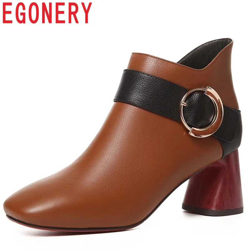 

EGONERY newest ankle boots mixed colors genuine leather square toe zipper high square heel metal decoration winter shoes women