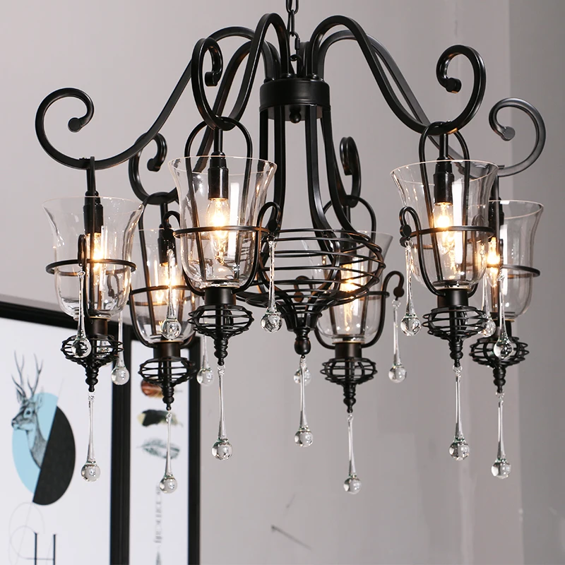 hallway Retro wrought iron crystal chandelier glass shade candelabro 3-6 heads Bar Spider lampe suspension Black LED chandeliers hallway Retro wrought iron crystal chandelier glass shade candelabro 3-6 heads Bar Spider lampe suspension Black LED chandeliers