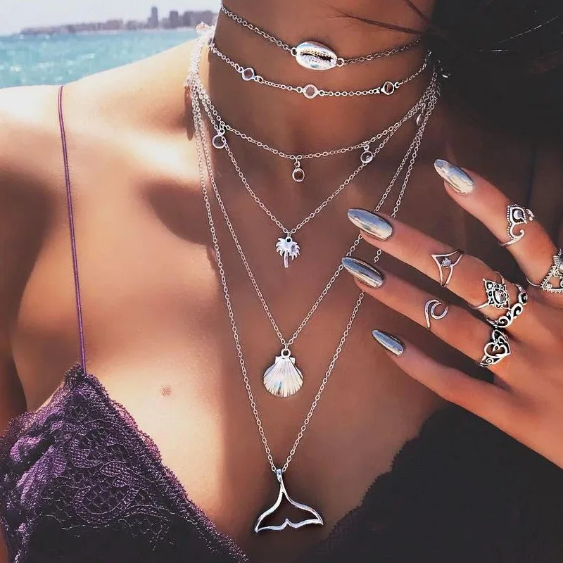 

6Pcs/Set Bohemia Necklace Coconut Tree Mermaid Fishtail Shell Pendant Multi Layer Chains Necklace Women Metal Choker Necklace