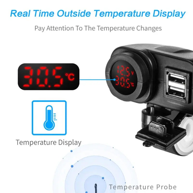 Мотоцикл двойной USB зарядное устройство Вольтметр термометр для сотовых телефонов/планшетов/gps
