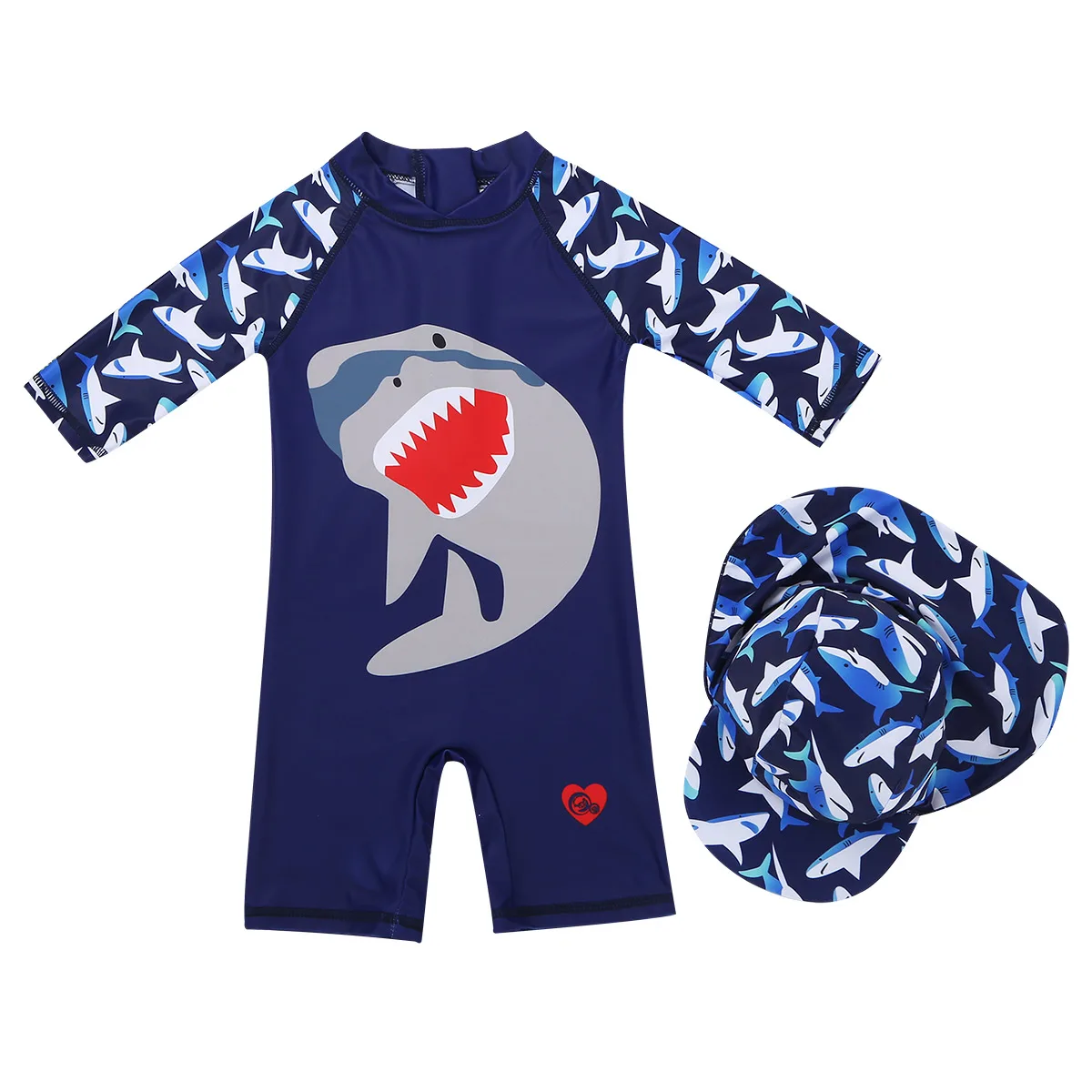 Детские летние комплекты из 2 предметов для мальчиков купальный костюм на молнии с принтом акулы, купальный костюм с шапочкой для плавания