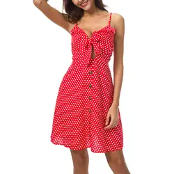 Новые летние для женщин сексуальное платье в горошек спагетти сарафан на ремне спинки пляжное повседневное платья для