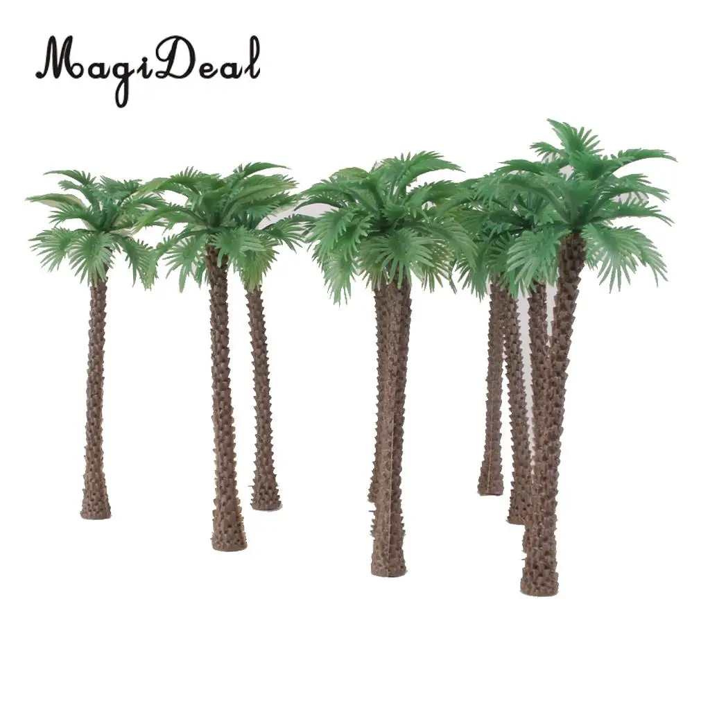 10Pcs Green Plastic Model Trees Artificial Palm Trees Rainforest Beach Sea Scenery Layout Landscape Toys for Children 1:65 14cm