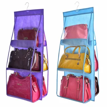 

6 Transparent Pocket Double Side Hanging Closet Foldable Handbag Storage Bag For organize Backpack Purse Wallet Non-woven Fabric