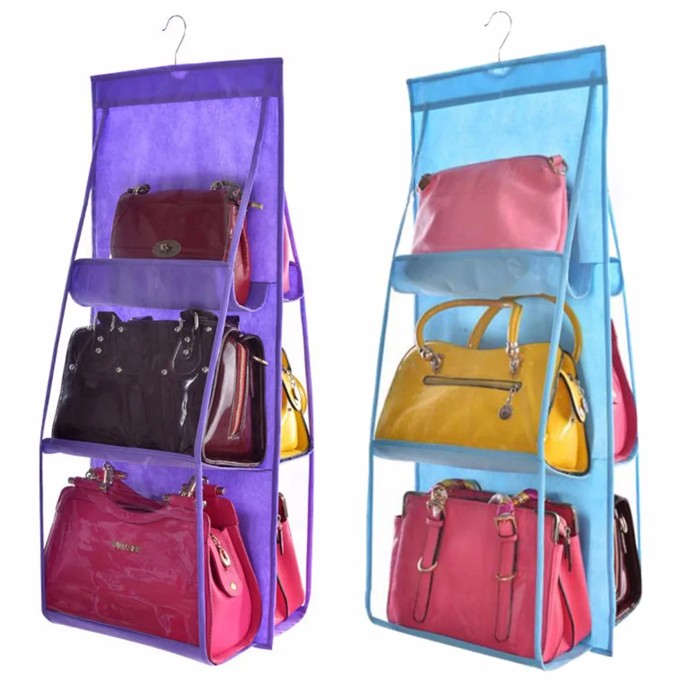 

6 Transparent Pocket Double Side Hanging Closet Foldable Handbag Storage Bag For organize Backpack Purse Wallet Non-woven Fabric
