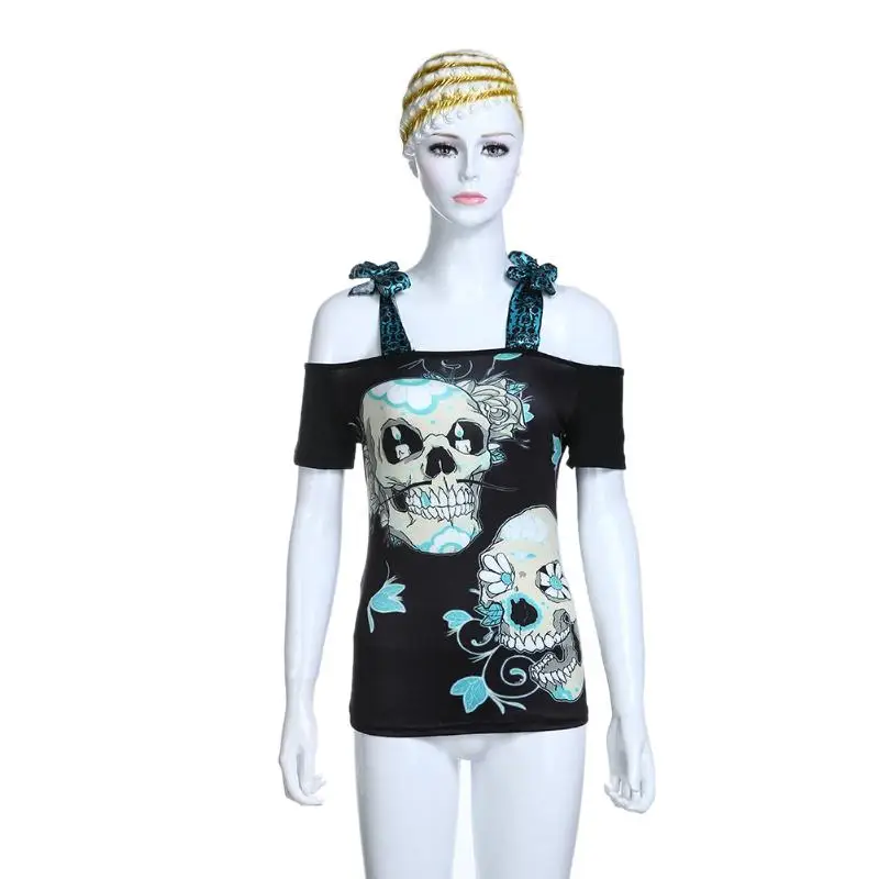 Summer Women Casual Slash Neck 3D Digital Print T-shirt Suspenders Female Skull Loose Tops Strapless Strap Tees | Женская одежда