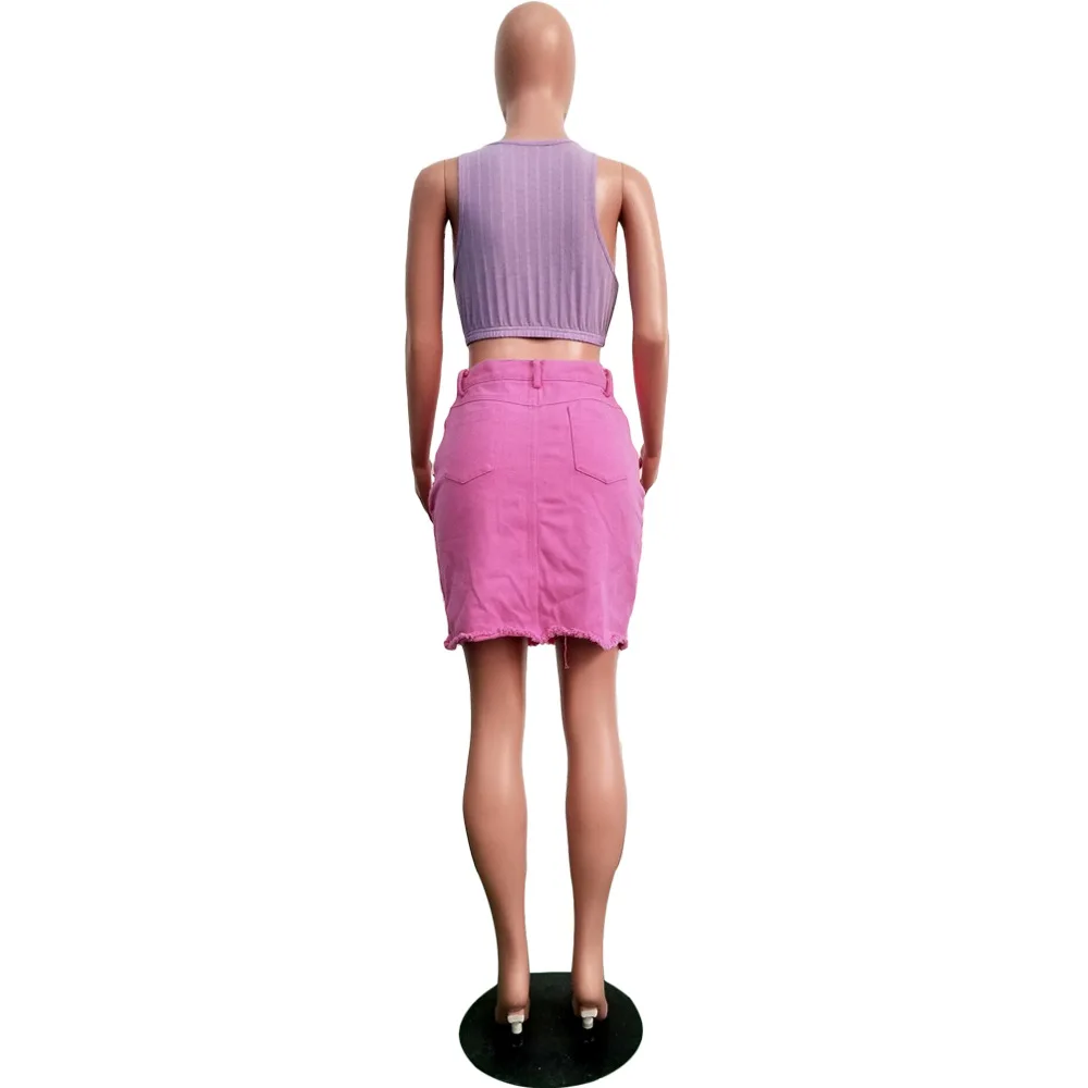 Повседневная юбка стрейч с высокой талией Мини юбки с карандашом для женщин 2019 Лето Сексуальная попа рваные джинсы с бахромой Юбки