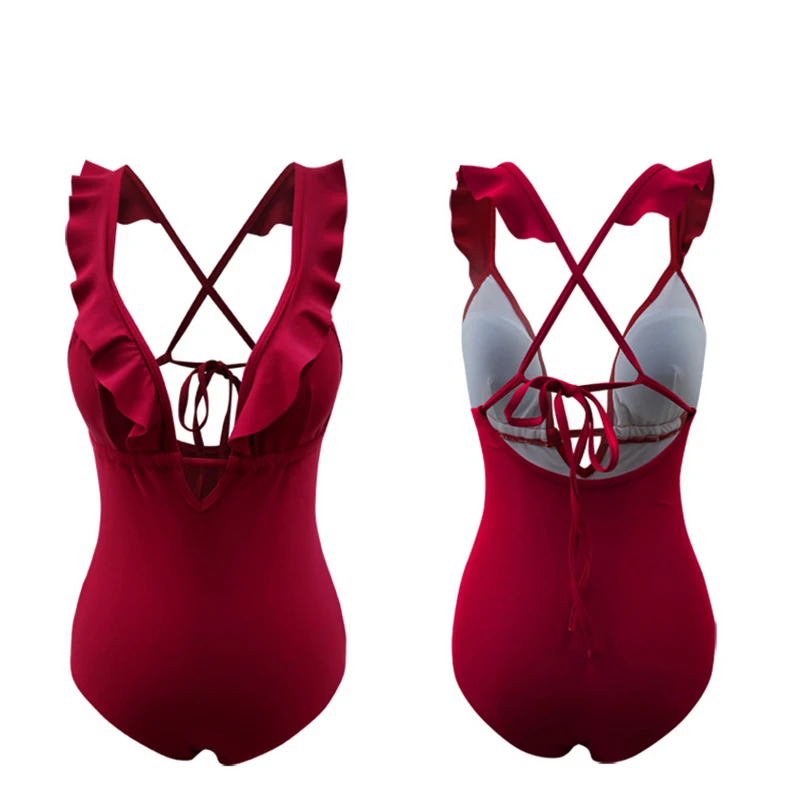 

2019 Sexy Female Retro V Neck Blue Solid Swimsuit One Piece Ruffled Push Up Padded High Waist Swimwear Women Monokini Plus Size