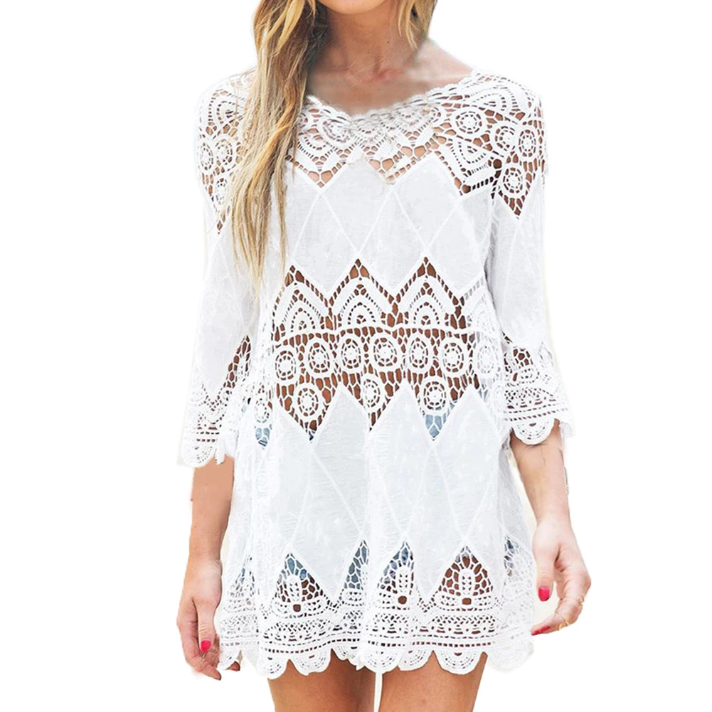 

2019 New Summer Swimsuit Lace Hollow Crochet Beach Bikini Cover Up 3/4 Sleeve Women Tops Swimwear Beach Dress White