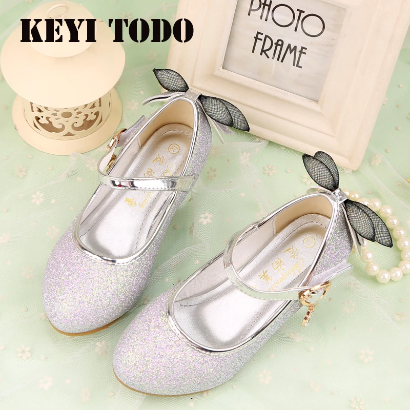 

2019 Kids walk Show New girl high heel single shoes upgrade bow-tie girls PU leather shoes silver Dance children's shoe C587