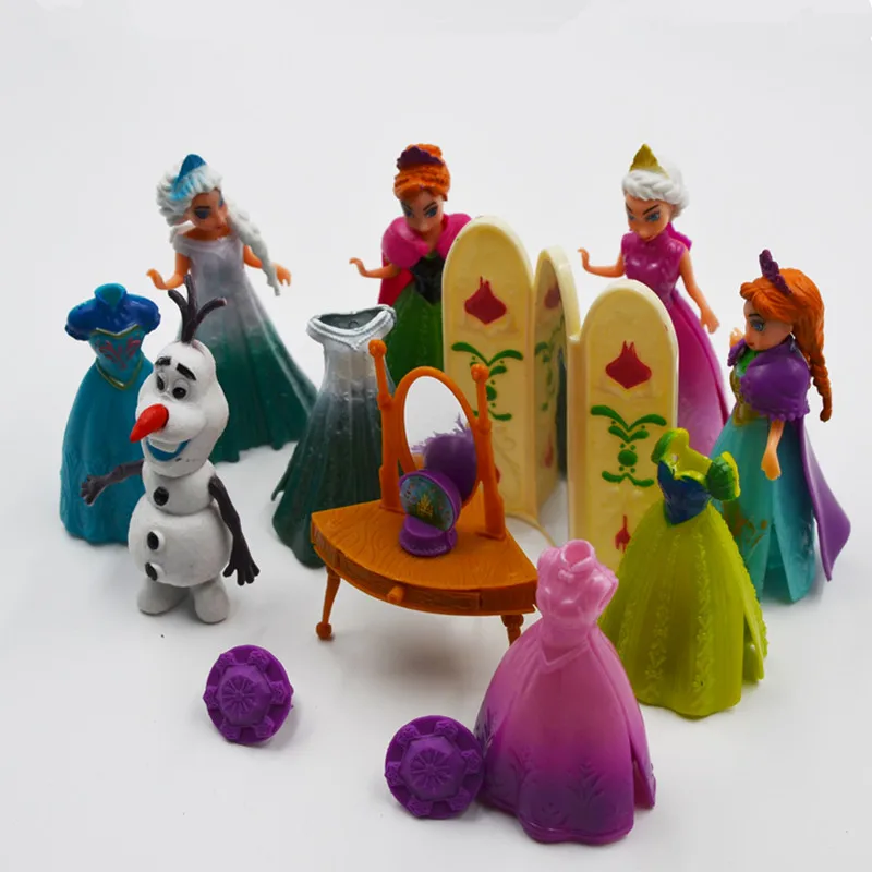 Disney 11pcs/Lot Frozen Princess Anna Elsa Olaf Figures Doll Toys Model Action Figure Set with Magic Clip Dress Girl Gift
