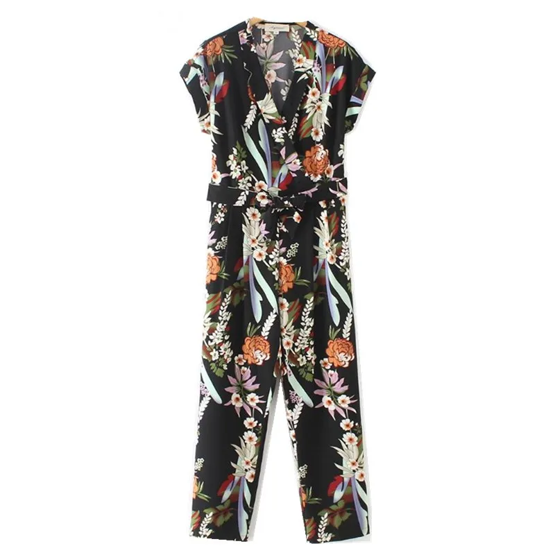 2019  V neck Colored Flower Print Jumpsuit Black Woman Retro Short sleeve Bow Tide Sashes Long Pants Romper Bodysuits