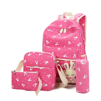 

4Pcs/Set Women Backpacks Cute Cartoon Rabbit Printing Canvas Schoolbags For Teenage Girls Students Children Mochila Feminina