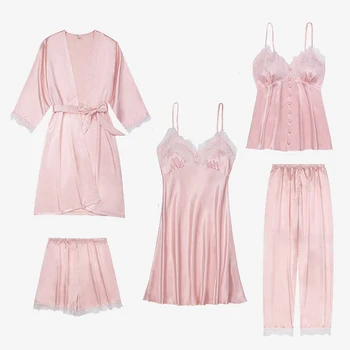 

5 Pieces Women's Pajamas Sets Sexy Sleepwear Set For Women Spaghetti Strap Pyjama Satin Femme Lace Silk Pijama Woman Short Pink