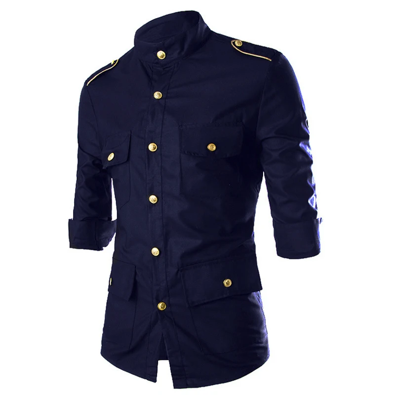 

Men Shirt 2018 Fashion Korean Wild Long Sleeve Shirt Men Epaulet Buttons Decorate Uniform Slim Fit Man Clothes Black Navy
