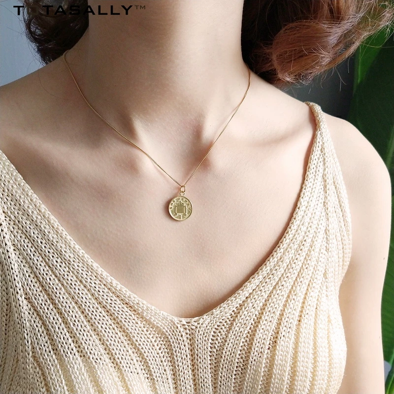 

TOTASALLY 925 Sterling Silver Dollar Coin Gold Portrait One Penny Round Dollar Coin Pendant Necklace For Women Fashion Jewelry